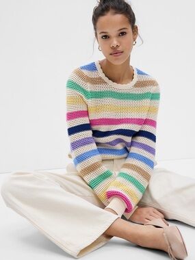 Gap Striped Crochet Crewneck Sweater cream multicolored rainbow size medium